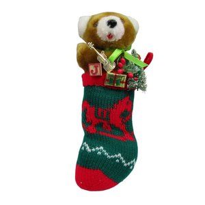 Musical Plush Bear In Knit Christmas Stocking Ornament Music Box Works IOB GUC